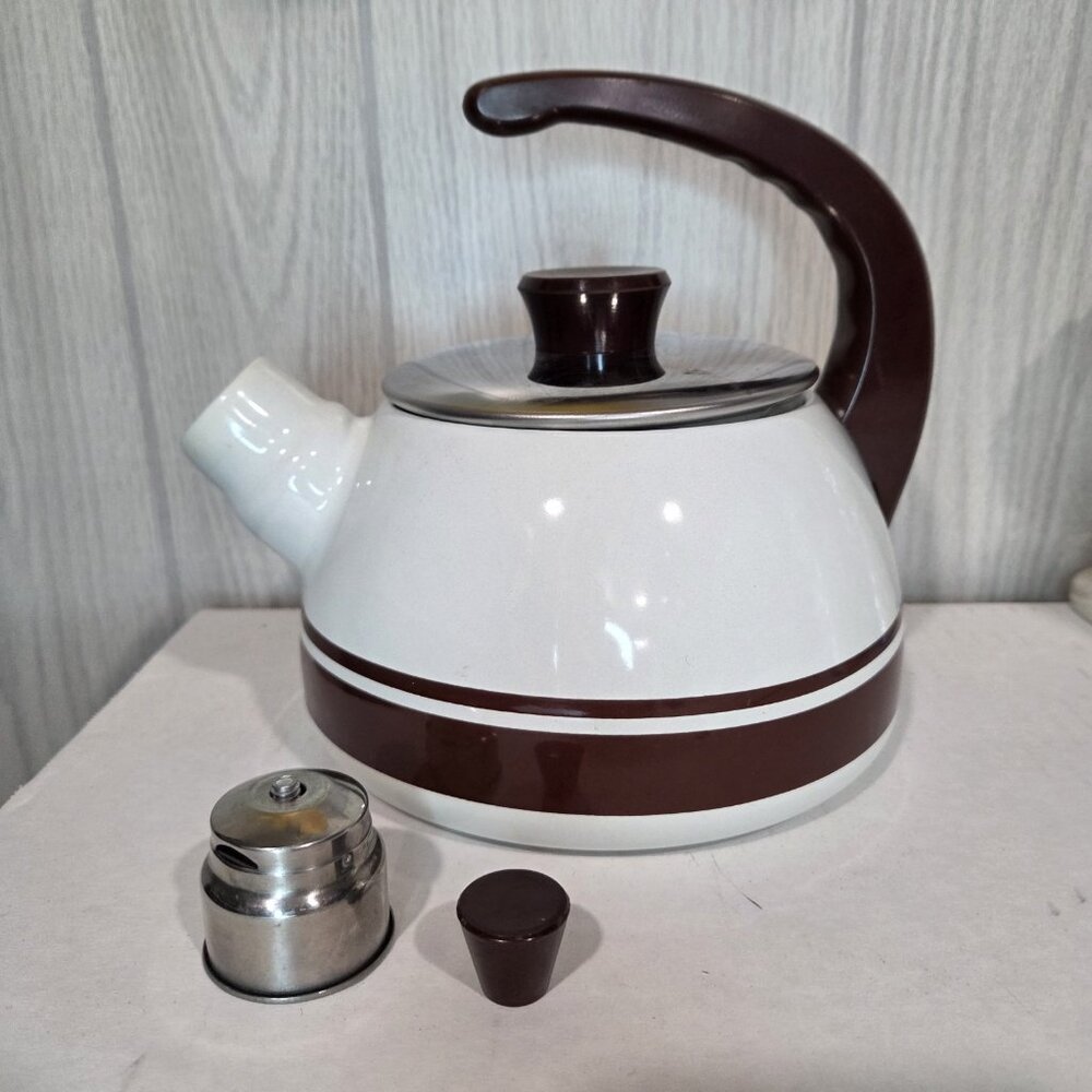 70's Design White Enamel Metal Whistling Tea Coffee Kettle Brown Stripe New